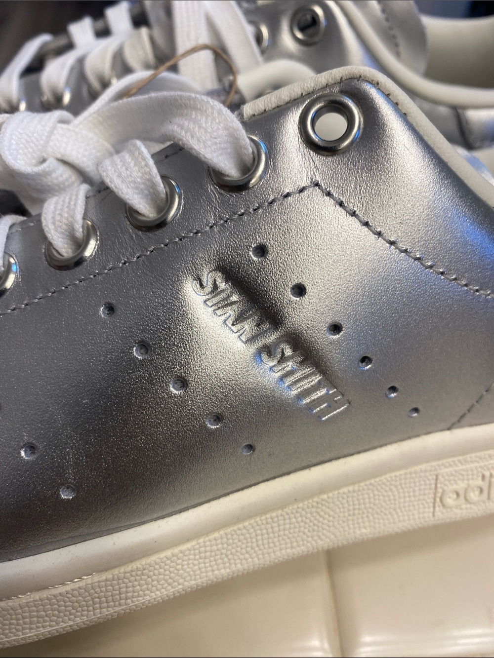 adidas Silver Metallic Stan Smith Sneakers with White Laces - Picture 7 of 7